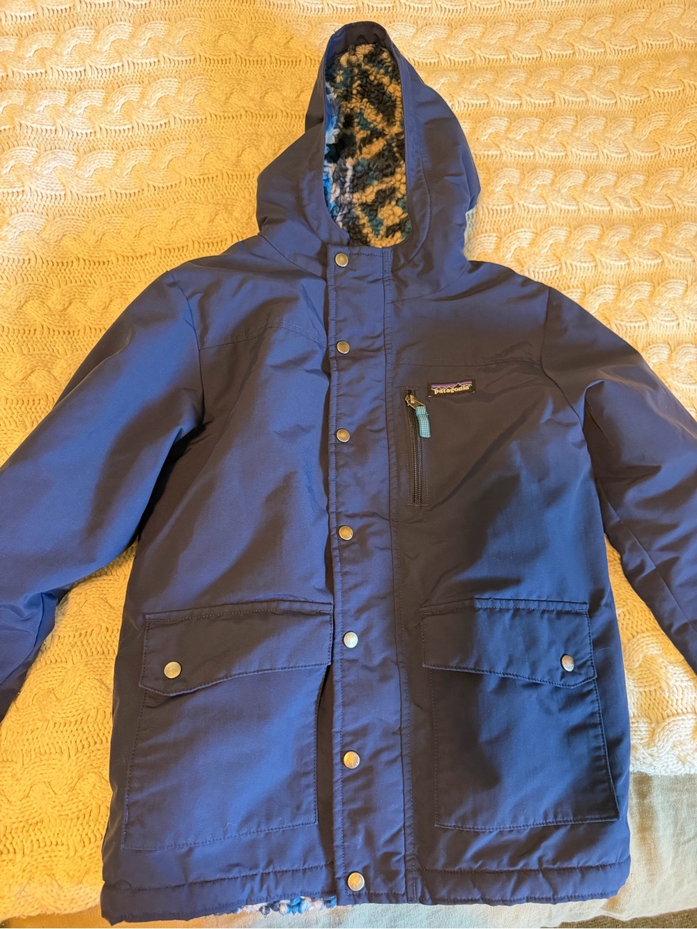 Patagonia Kids Navy Hooded Raincoat with Patterned Fleece Lining